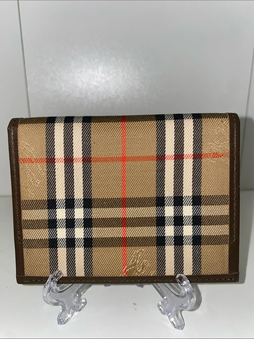 Authentic Burberry Tan Plaid Card Holder Wallet Brown Leather Trim
